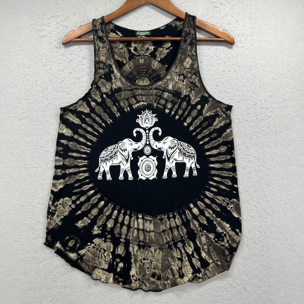 Kathmandu Imports Tank Top Womens M/L Black Tie Dye Elephant Graphic Boho Hippie